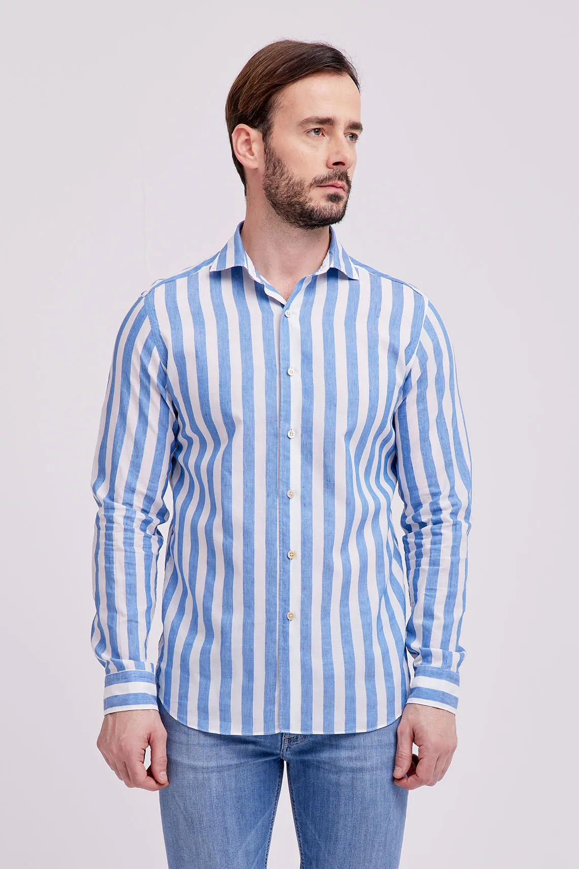 CAMICIA COLLO FRANCESE LINO-COTONE  CELESTE